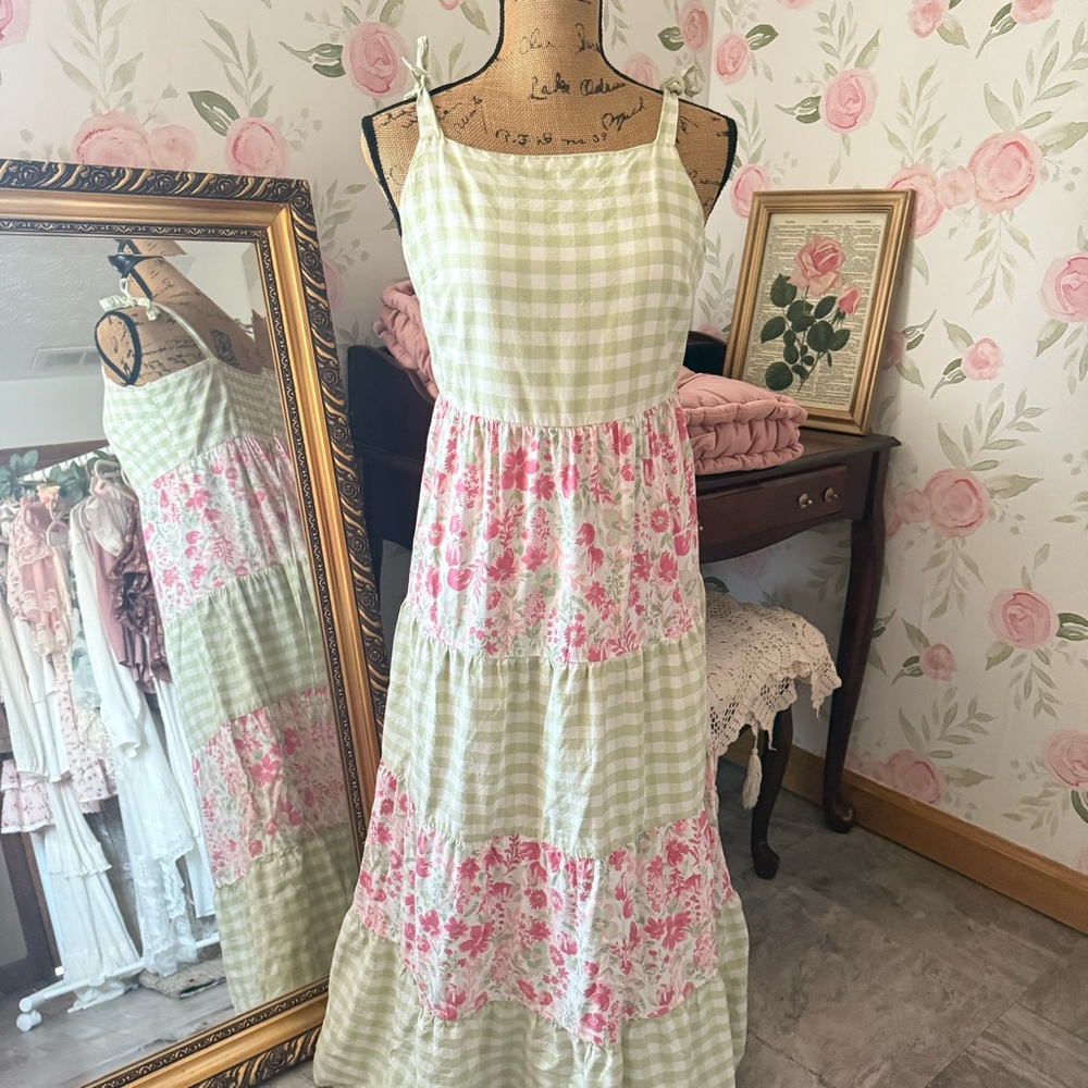 Green Gingham & Pink Floral Print Maxi Dress